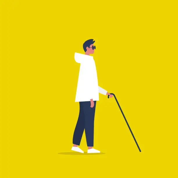 Vector illustration of Young sightless character wearing dark shades and holding a cane. Concept. Flat editable vector illustration, clip art
