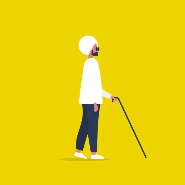 Vector illustration of Young indian sightless character wearing dark shades and holding a cane. Concept. Flat editable vector illustration, clip art