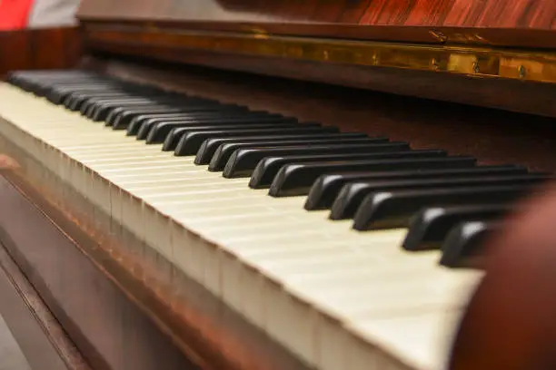 Photo of Acoustic Piano keyboard close up, selective focus