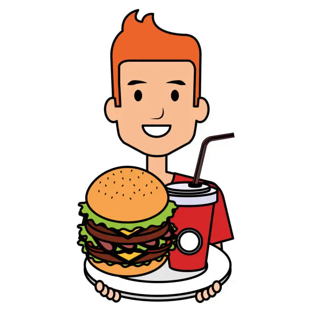 Vector illustration of man with delicious burger and soda