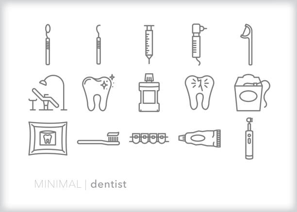 치과 치료 및 검 진 라인 아이콘 세트 - dental hygiene dental equipment brushing teeth dental floss stock illustrations
