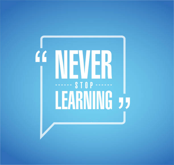 Never stop learning message bubble Never stop learning message bubble. isolated over a blue background learning and development stock illustrations