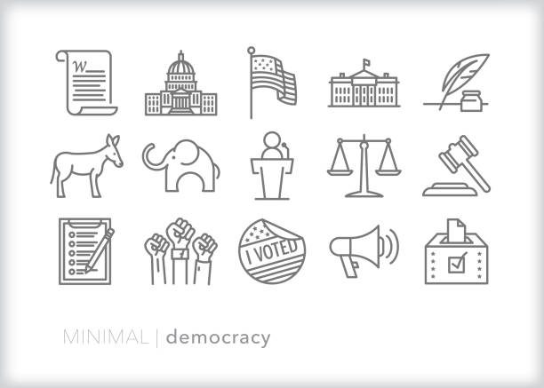 Democracy and political freedom line icon set Set of 15 democracy line icons representing political themes in the United States including the constitution, flag, republicans, democrats, voting, justice branch, legislative branch, executive branch, and freedom of speech politician stock illustrations