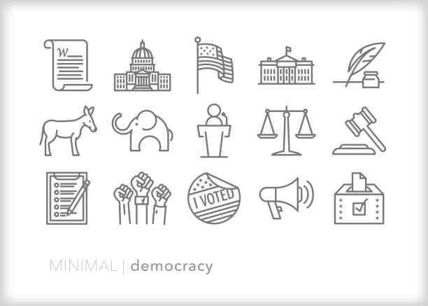 Democracy and political freedom line icon set Set of 15 democracy line icons representing political themes in the United States including the constitution, flag, republicans, democrats, voting, justice branch, legislative branch, executive branch, and freedom of speech us constitution stock illustrations