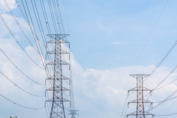istock Electricity concept. Close up high voltage power lines station. 1147674892