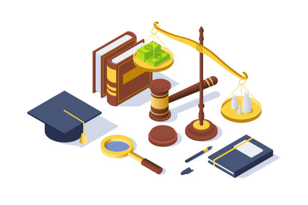 ilustrações, clipart, desenhos animados e ícones de equipamento isométrico da justiça 3d com martelo, pena, contrapeso do libra, livro. - currency gavel legal system human settlement