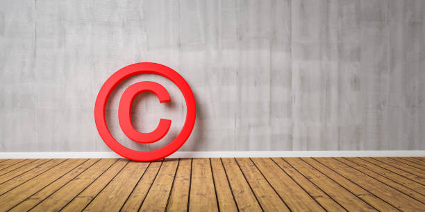 istock Red Copyright Symbol on Wodden Floor lean on Gray Grunge Wall with Copy Space - 3D-Illustration 1147684984