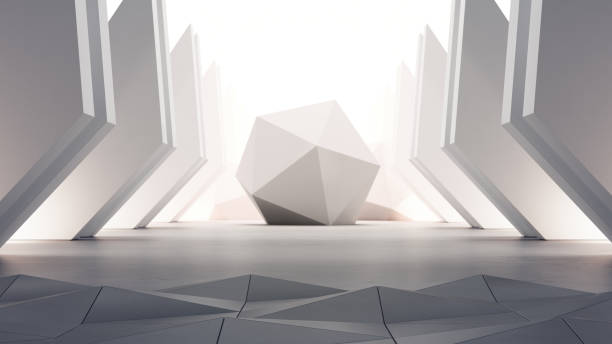 istock Geometric shapes structure on gray concrete floor with white wall background in hall or modern showroom. Construction technology for future architecture. 1147685434