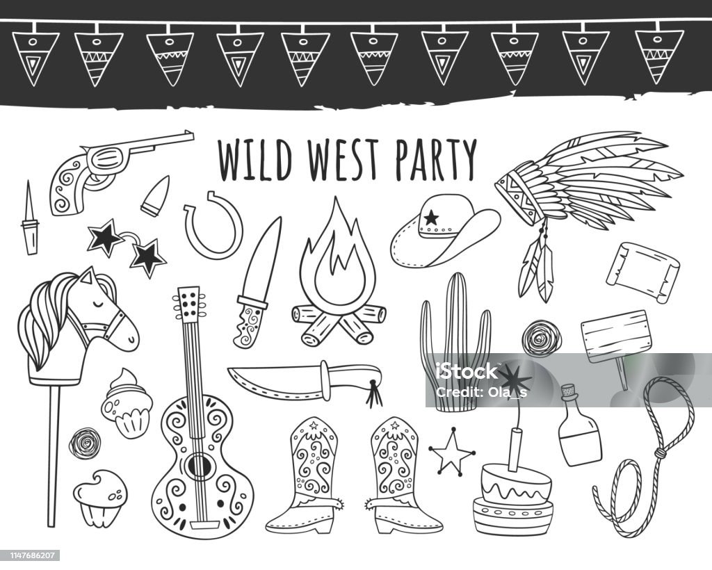 Wild West Party. Vector set of elements, objects. Line style, Doodle. Badge stock vector