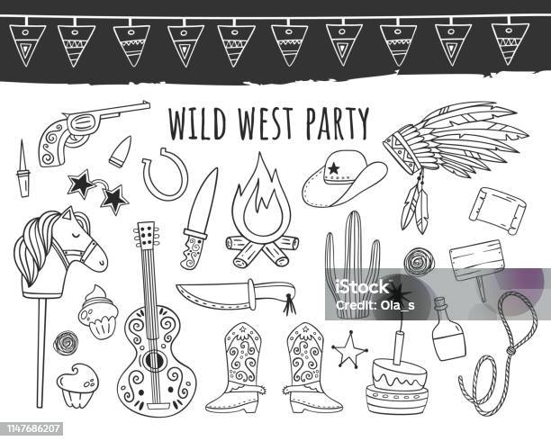 Wild West Party Vector Set Of Elements Objects Line Style Doodle Stock Illustration - Download Image Now