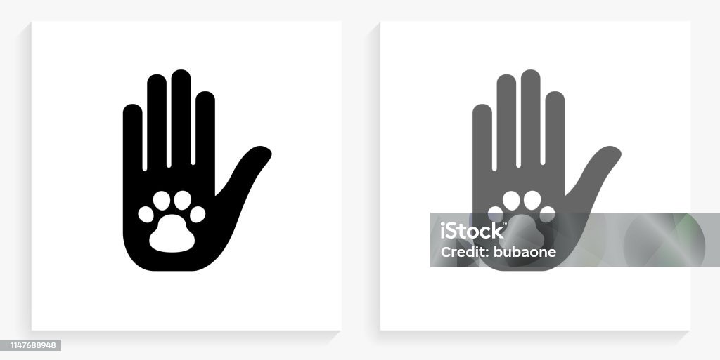 Human Palm & Dog Paw Black and White Square Icon Human Palm & Dog Paw Black and White Square Icon. This 100% royalty free vector illustration is featuring the square button with a drop shadow and the main icon is depicted in black and in grey for a roll-over effect. Animal stock vector