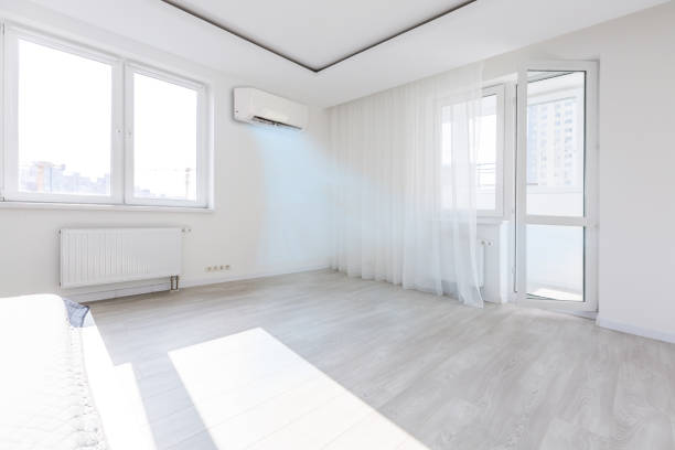 Modern bright room with air conditioning, 3D rendering illustration