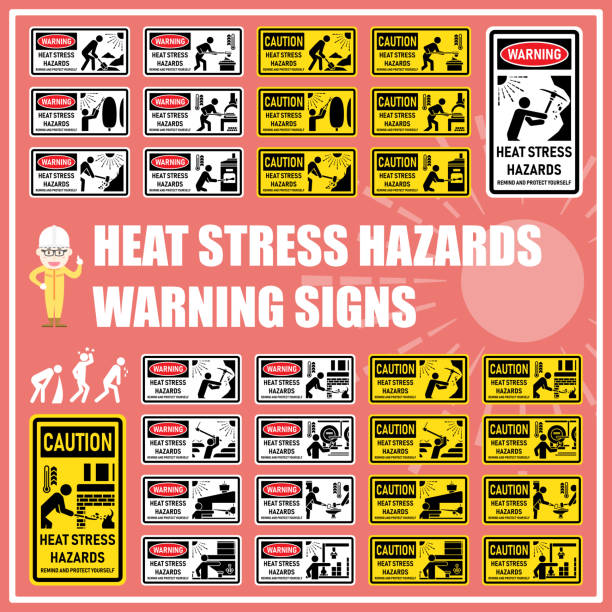 Set of safety signs and symbols of heat stress hazards for warning and remind people to care and aware while working at high temperature environment or hot weather. Heat stroke, Sun stroke. Set of safety signs and symbols of heat stress hazards for warning and remind people to care and aware while working at high temperature environment or hot weather. Heat stroke, Sun stroke. heat stress stock illustrations