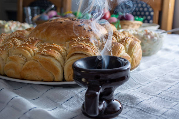 Cresset on the table with food on ortodox easter