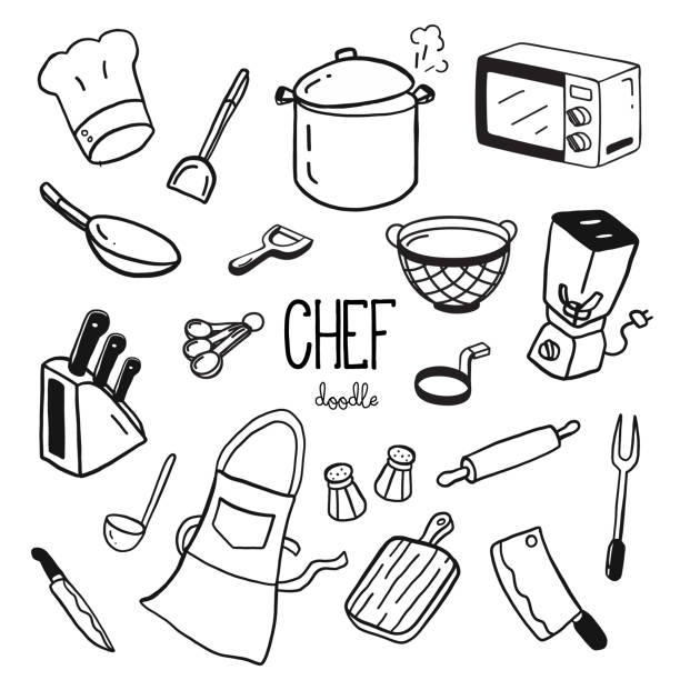 ilustraciones, imágenes clip art, dibujos animados e iconos de stock de estilos de doodle de mano para artículos de chef. chef de doodle. - craft product illustrations