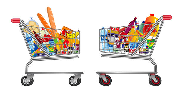 set of isolated Shopping trolley full of food, fruit, products and grocery goods. set of isolated Shopping trolley full of food, fruit, products and grocery goods. easy to modify market retail space illustrations stock illustrations