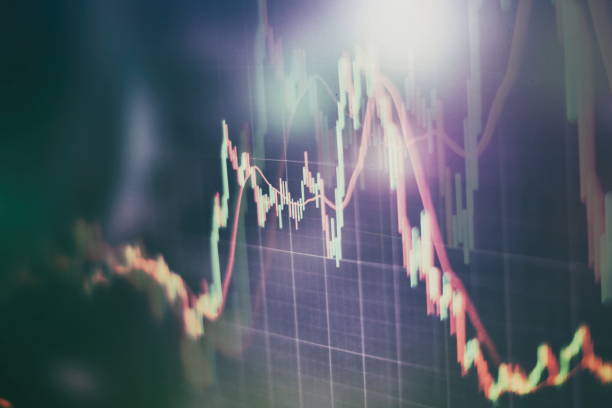 istock Technical price graph and indicator, red and green candlestick chart on blue theme screen, market volatility, up and down trend. Stock trading, crypto currency background. 1147693735