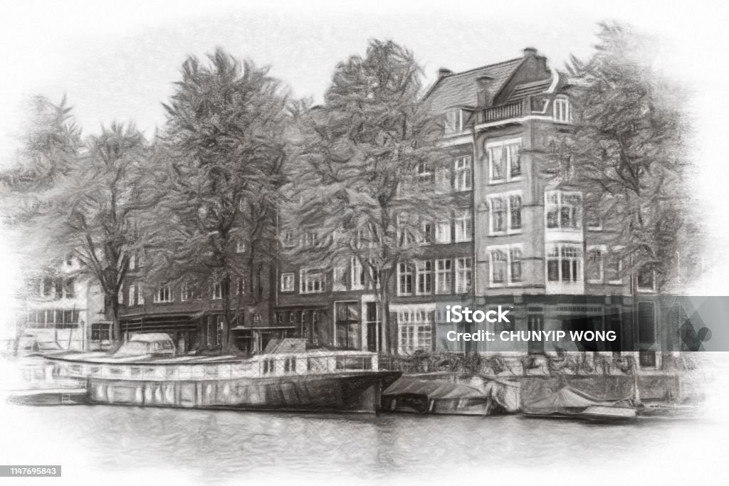 Illustration or watercolor sketch. Traditional old architecture in Amsterdam Amsterdam, Europe, Netherlands, Architecture, Archival Art Stock Photo