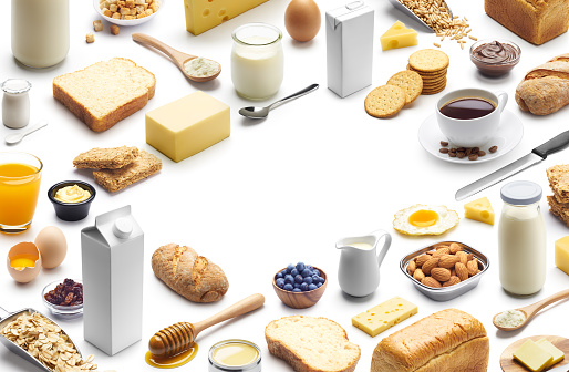 Isometric presentation of healthy breakfast with copy space
