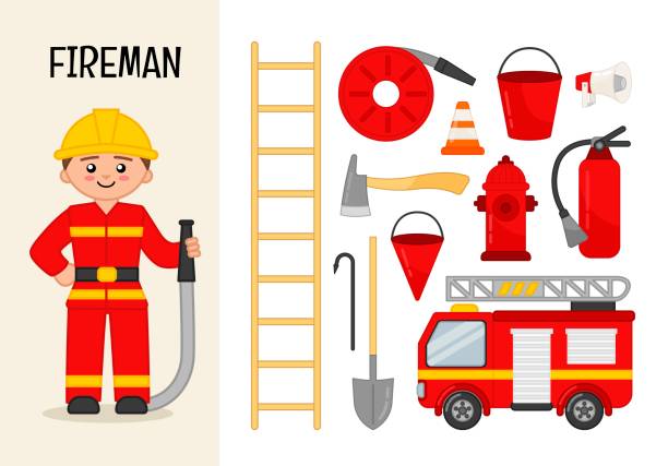 ilustraciones, imágenes clip art, dibujos animados e iconos de stock de personaje de vector fireman. - hose clip