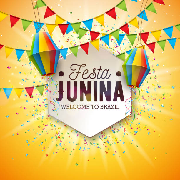 festa junina illustration mit party-flags und papierlaterne auf gelben hintergrund. vector brasilien june festival design für grußkarte, einladung oder ferienplakat. - karneval feier stock-grafiken, -clipart, -cartoons und -symbole