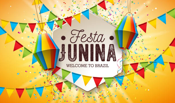 festa junina illustration mit party-flags und papierlaterne auf gelben hintergrund. vector brasilien june festival design für grußkarte, einladung oder ferienplakat. - titles stock-grafiken, -clipart, -cartoons und -symbole