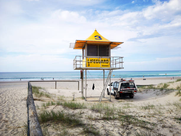 Gold Coast, Australia: March 2019: Lifeguard post on the Gold Coast. Popular with surfers the ocean is very dangerous along the coast.