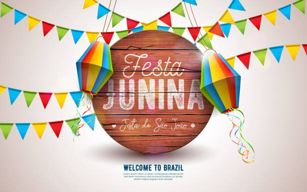 ilustrações de stock, clip art, desenhos animados e ícones de festa junina illustration with party flags and paper lantern on yellow background. vector brazil june festival design typography letter on vintage wood board for greeting card, invitation or holiday poster. - titles