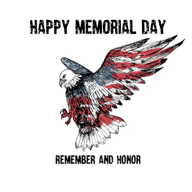 Vector illustration of American bald eagle with the text Memorial day remember and honor. Celebration of all who served. American holiday poster.