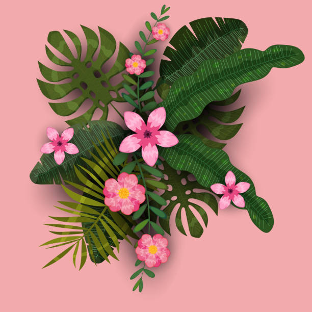 istock Summer trendy template exotic plants and hibiscus flowers tropical background. Trend pattern jungle. Vector, illustration, isolated, poster, banner, flyer, invitation 1147703560