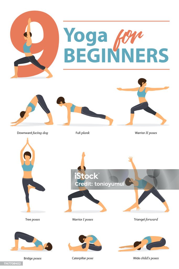Set Of Yoga Postures Female Figures Infographic 9 Yoga Poses For