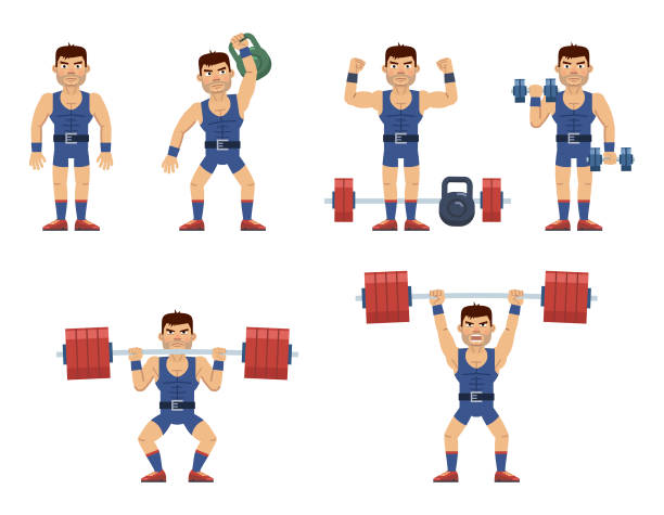 ilustrações, clipart, desenhos animados e ícones de jogo de caráteres do levantador de peso que trabalham para fora na ginástica. kettlebell alegre do levantamento do homem forte, barbell, dumbbells. sessão de treino, levantamento de peso - adult muscular build athlete beautiful