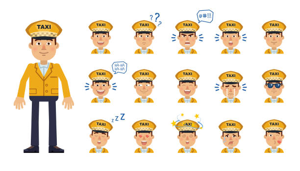 große menge von taxifahrer emoticons. cabdriver avatare, die verschiedene gesichtsausdrücke zeigen. glücklich, traurig, lächeln, lachen, überrascht, ernst, schläfrig, schwindelig und andere emotionen - taxifahrer stock-grafiken, -clipart, -cartoons und -symbole