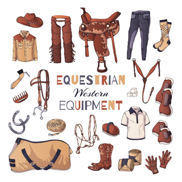 Vector illustrations on the equestrian equipment theme. Vector illustrations on the equestrian theme; accessories and clothing for horses and riders. Isolated objects for your design. Each object can be changed and moved. theme wild wild west stock illustrations