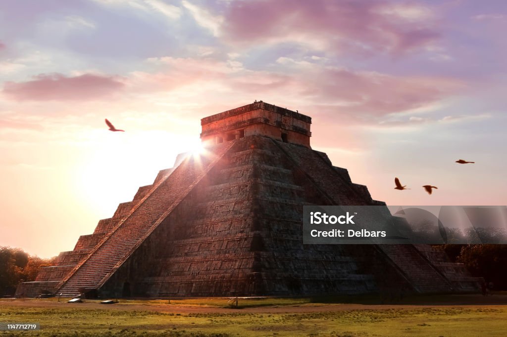 Archaeological complex Chichen Itza. Mayan pyramid on the background of a beautiful sunset. Temple of Kukulkan. Mexico. Yucatan. Mexico Stock Photo