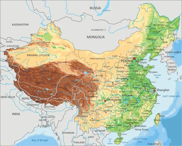 Vector illustration of High detailed China physical map with labeling.