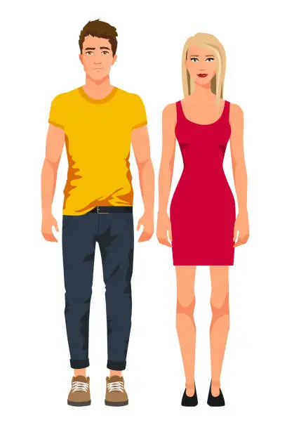 Vector illustration of Vector illustration of men in casual clothes and girl with blonde hair in red dress on the white background. Cartoon realistic people illustation. Flat young couple. Front view people. Young family.