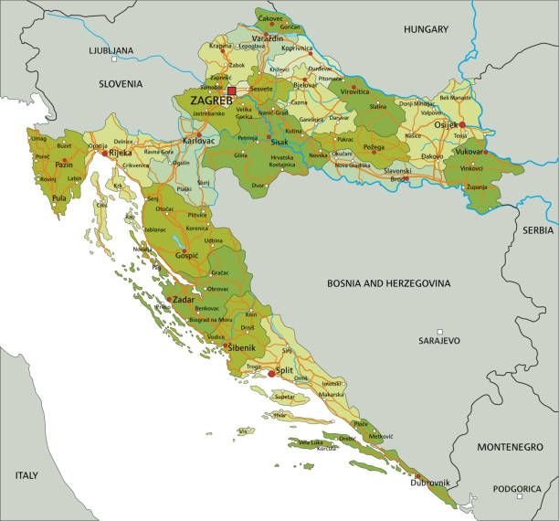 illustrazioni stock, clip art, cartoni animati e icone di tendenza di mappa politica della croazia modificabile altamente dettagliata. - croazia