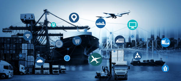 istock World map with logistic network distribution on background. Logistic and transport concept in front Logistics Industrial Container Cargo freight ship for Concept of fast or instant shipping, Online goods orders worldwide 1147715040