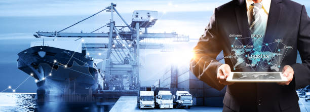 istock Logistics and transportation of Container Cargo ship and Cargo plane with working crane bridge in shipyard at sunrise, logistic import export and transport industry background 1147715106