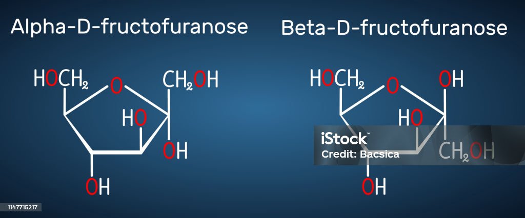 Fructose, alpha-D-fructofuranose, beta-D-fructofuranose molecule. Cyclic form. Structural chemical formula on the dark blue background Fructose, alpha-D-fructofuranose, beta-D-fructofuranose molecule. Cyclic form. Structural chemical formula on the dark blue background. Vector illustration Chemical Formula stock vector