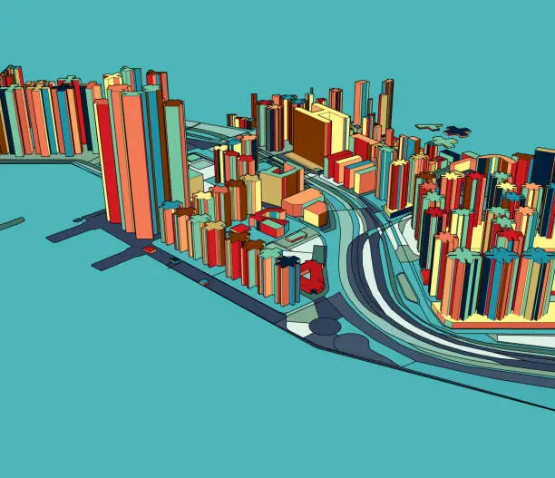 Vector illustration of art illustration map,3D Hong Kong city structure,near Sai Wan Ho Ferry Pier
