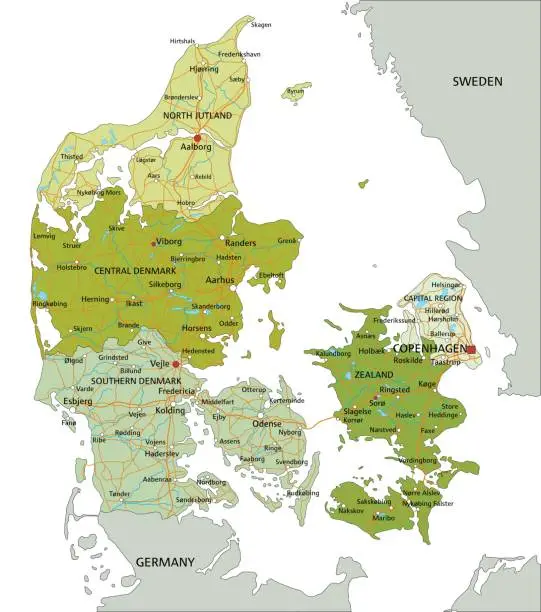 Vector illustration of Highly detailed editable political Denmark map.