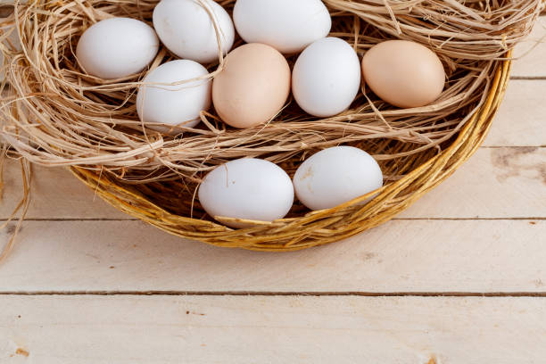 istock raw eggs in the hay on a wooden background 1147717472