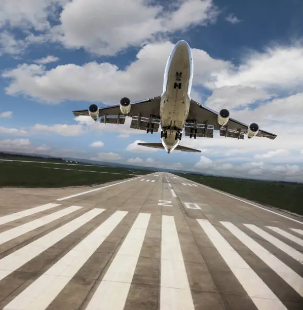 Photo of Front view of passenger airplane as it takes off