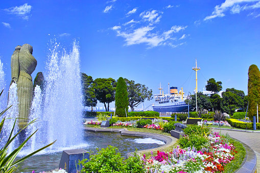 Fountain and Hikawamaru of Park in Yokohama City