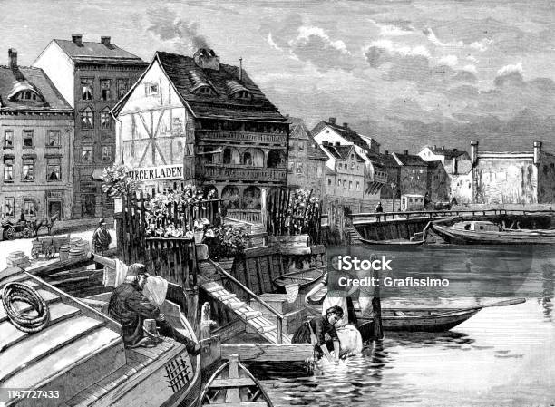 Last Stilt House In Berlin Germnay At River Spree 1890 Stock Illustration - Download Image Now