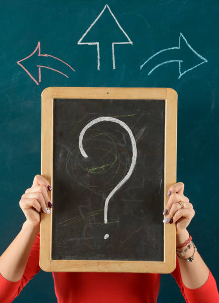 istock Making Decision Concept. Woman showing question mark on blackboard. 1147727673