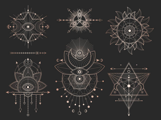 ilustrações, clipart, desenhos animados e ícones de jogo do vetor de símbolos e de figuras geométricos sagrados no fundo preto. coleção mística abstrata dos sinais do ouro. - holy symbol