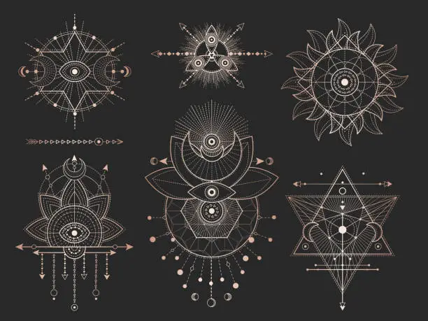 Vector illustration of Vector set of Sacred geometric symbols and figures on black background. Gold abstract mystic signs collection.